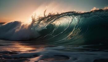 Men surfing in tropical Bali at sunset generated by AI photo