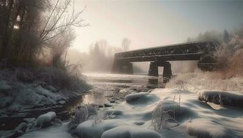 Frozen bridge over tranquil water in winter generated by AI photo