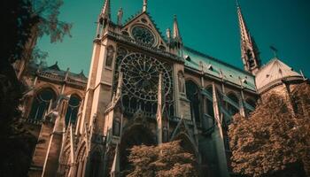 Gothic spires illuminate famous cathedral at dusk generated by AI photo