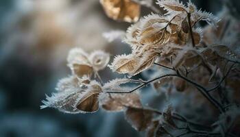 Frosty leaf on frozen branch in winter generated by AI photo