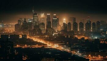 Glowing cityscape at night modern architecture illuminated generated by AI photo
