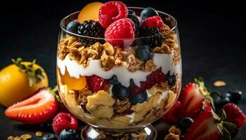 Fresco baya parfait con Granola y yogur generado por ai foto