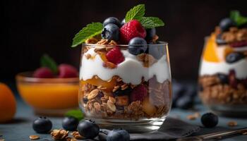 Organic berry parfait with granola and yogurt generated by AI photo