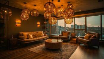 Luxury modern living room illuminated by chandelier generated by AI photo