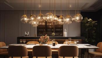 Luxury dining room with elegant chandelier lighting generated by AI photo