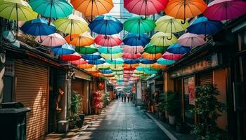 Vibrant umbrellas light up the rainy night generated by AI photo