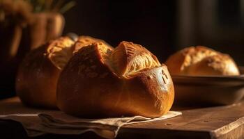 Freshly baked rustic bread on wooden table generated by AI photo