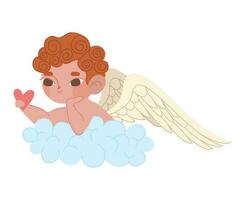 cute cupid lying on a cloud over white vector