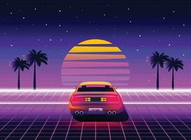 Retro future. 80s style sci-fi background with supercar. Futuristic retro car. Vector retro futuristic synth illustration in 1980s posters style. Suitable for any print design in 80s style