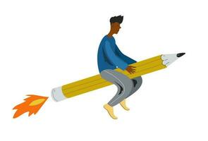 A young black student is flying on a big pencil, like on a rocket. Flat design style minimal vector illustration.