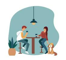 There are a lot of people, dogs and cats in the friendly pet cafe. Flat vector cartoon illustration.