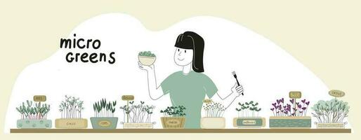 un joven mujer es participación un cuenco de ensalada con el adición de micro verduras. microgreens en un envase. sano vegano alimento. vector conjunto Ilustracion en garabatear estilo aislado en blanco antecedentes.