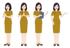 various styles and poses of beautiful Indonesian civil servants wearing uniforms vector