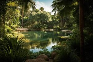 Serene pond surrounded by lush palm trees and rocky terrain. photo