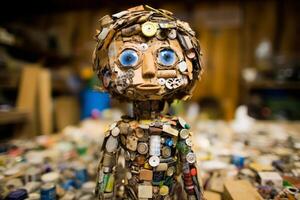 Human figure sculpture made entirely of buttons. Trash treasure recycle concept. Generative AI photo