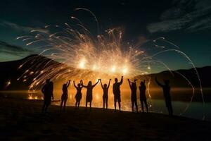 People celebrating on the beach with fireworks in the background. Generative AI photo