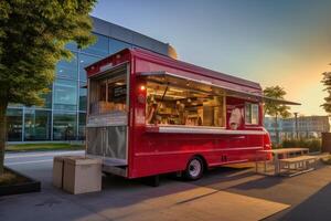 Vibrant red food truck parked in front of a modern building. Generative AI photo