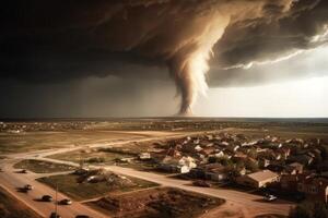 Massive tornado swirling over a town. Generative AI photo