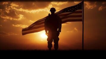 Soldier holding an american flag in a silhouette against the sunset. Generative AI photo