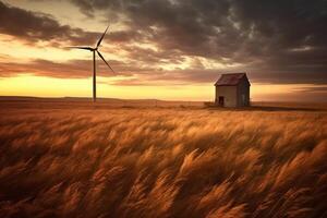 Quaint house surrounded by a beautiful field with a traditional windmill in the distant background. Generative AI photo