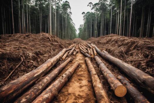 Dense forest with tall trees and scattered logs on the ground. photo