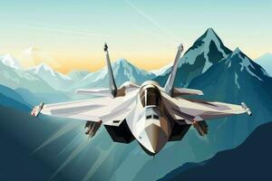 Fighter jet soaring over a majestic mountain range. Generative AI photo