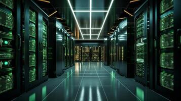 High-tech server room with rows of servers, electric board in a long hallway. photo