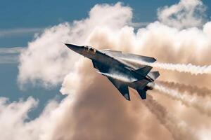 Fighter jet soaring through a vibrant blue sky filled with fluffy white clouds. Generative AI photo