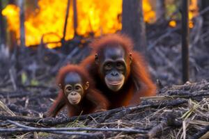 Two orangutans run from fire of trees in the jungle. Generative AI photo