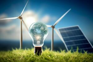 Light bulb on green grass against blue sky. photo