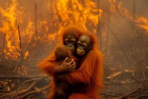 Orangutan embracing in front of a warm fire. Generative AI photo