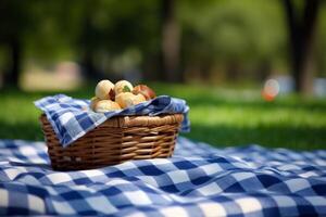 Picnic basket with a checkered blanket in the background. Generative AI photo