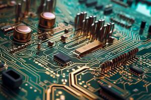 Computer circuit board with multiple electronic components and wires. photo