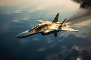 Fighter jet soaring over a stunning water landscape. Generative AI photo