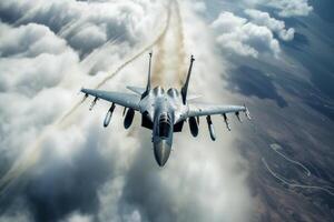 Fighter jet soaring through a dramatic cloudy sky. photo