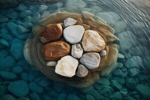 Rocks sitting on top of calm water, creating a serene and peaceful scene. photo