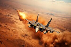 Fighter jet releasing smoke while in flight. photo