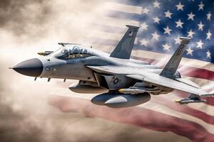 Fighter jet flying in front of an american flag. Generative AI photo