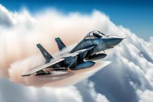 Fighter jet soaring through a dramatic cloudy sky. photo
