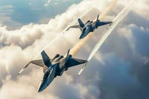 Two military fighter jets soaring in the blue sky. Generative AI photo