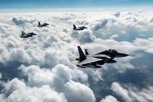 Fighter jets soaring through the clouds in a breathtaking formation. Generative AI photo