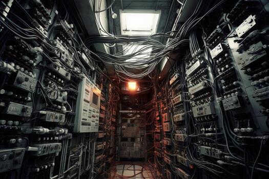 Cluttered room with various electrical wires and equipment. photo