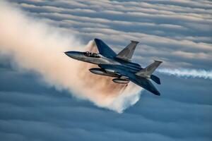 Military fighter jet soaring through the clouds. photo