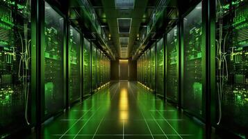 Server room with a futuristic hallway illuminated by green lights. photo