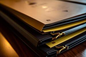 Stacked folders on wooden table for organization and productivity. photo
