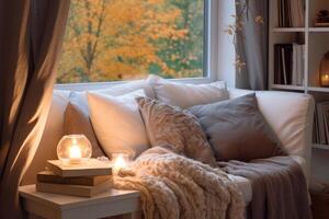 Cozy white couch with pillows and a soft blanket. photo