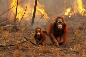 Two orang utans sitting in front of a cozy campfire in the wilderness. Generative AI photo