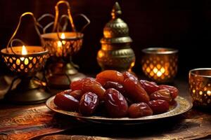 Plate of dates and candles on a wooden table. Generative AI photo