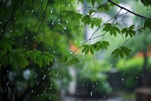 empapado de lluvia verde árbol con Fresco gotas en él. generativo ai foto