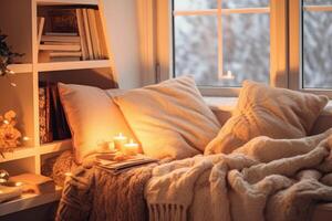 Cozy bed with a warm candle light. photo